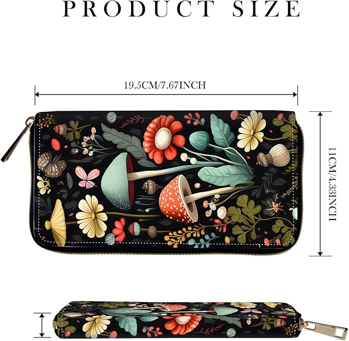 RFID-Blocking Zip Around Wallets for Women with Detachable Wrist Strap,Large Capacity Phone Holder with Card Organizer & Coin Pocket,Mushroom Forest