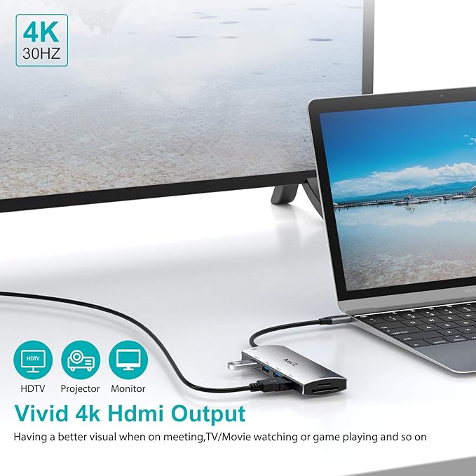USB C Hub, USB Hub to HDMI Multiport AorZ USB C Dongle Adapter 7 in 1 with 4K HDMI Output,3 USB 3.0 Ports,SD/Micro SD Card Reader,100W PD,Compatible with MacBook Pro Air HP XPS and More Type C Devices