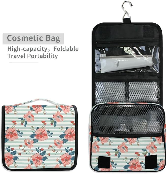 Hanging Travel Toiletry Bag Floral on Striped Kit Makeup Case Cosmetics Organizer for Men Women