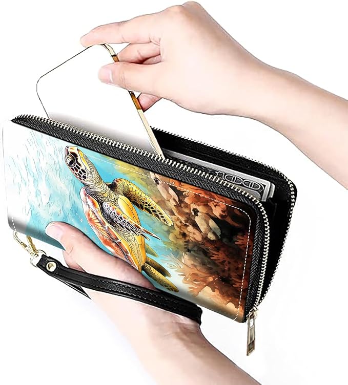 Women's Large Capacity Wallet PU Leather Zip Around Clutch Purse Multifunctional Wallet with Removable Wristlet Strap for Smart Phone/Coin/Card/Cash - Sea Turtle