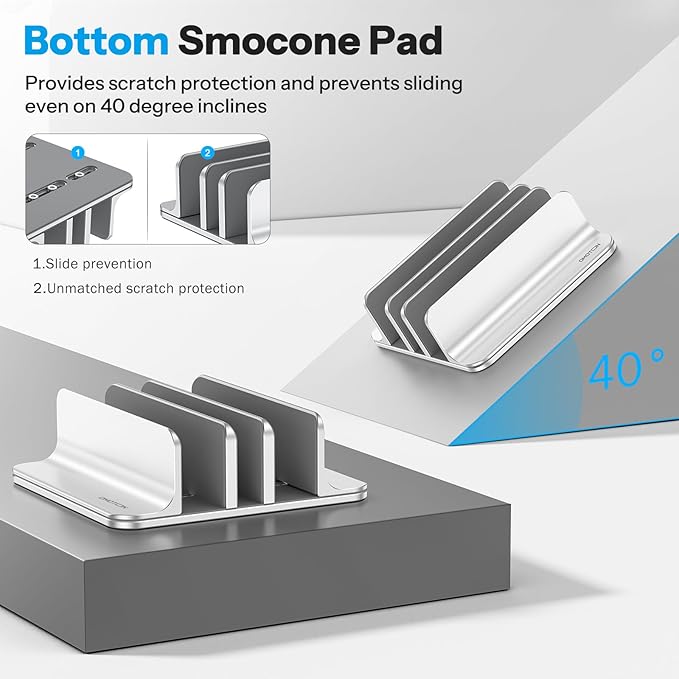OMOTON Vertical Laptop Stand [Updated 3-Slots Version], Desktop Aluminum Mac Book Stand with Adjustable Dock Size, Fits All Mac Book, Chrome Book and Gaming Laptops (Up to 17.3 inch), Bright Silver