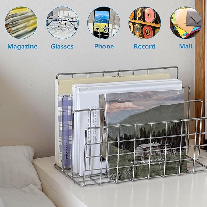 Silver Metal Desktop Organizer – 4-Slot Wire Mail Sorter, Minimalist Iron Art File Holder, Multi-Purpose Book Rack & Letter Organizer for Office, Home & School