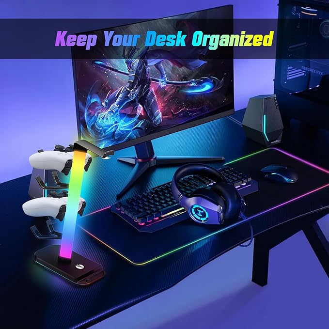 VCOM RGB Gaming Headphones Stand with 10 Light Modes, 4 Controller Holder with 1 USB & 2 Type-C Charging Ports,Headset Stand Suitable for All Earphone Accessories, Best Gift for Desk Gamers