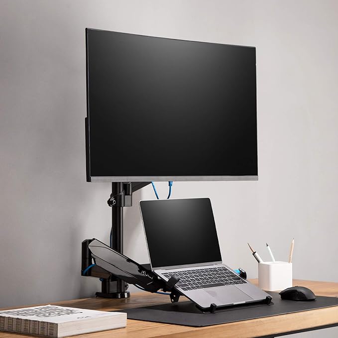 AVLT Laptop & 38 Inch Monitor Arm Pole Top Mount-Black, Supports 26.4 lbs (12 kg), Stacked Monitor, VESA Compatible, Ultrawide Screen Fit, Adjustable Height, Tilt Swivel Rotate, Cable Management