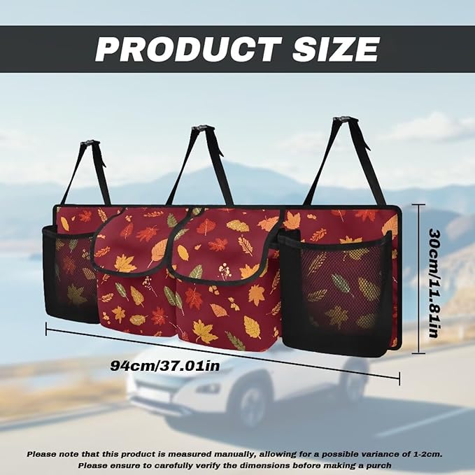 Car Trunk Organizer Thanksgiving Maple Leaves Prints Hanging Car Back Seat Storage Bag with 4 Large Pockets Multipurpose Collapsible Storage Bag Automotive Interior Accessories