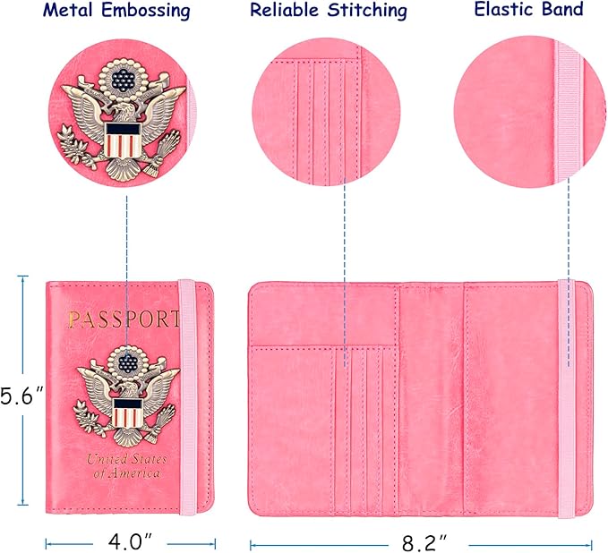 TOURSUIT RFID Blocking Passport Holder for Women Men, Leather Passport Travel Wallet with 3D Metal Badge, Travel Document Holder Cover Accessories (Pink)