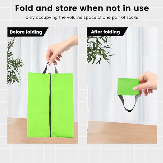3 Pack Folding Shoe Bags for Travel with Zipper Closure, Waterproof Shoe Storage Bag with Handle, Washable Shoe Organizers Packing Cubes for Gym Women Men (Green)