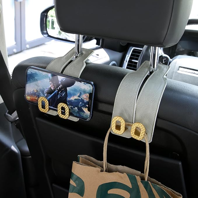 Car Headrest Hooks Universal Car Purse Hook Premium Leather and Alloy Twin Hook Car Seat Back Storage Hanger Hook for Purse Bags Cloth Drink Durable Holder Car Accessories (BH09-Grey-Gold)