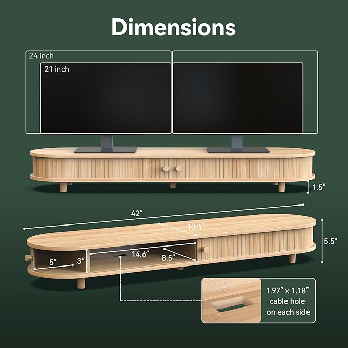 Bamboo Dual Monitor Stand with Storage, Curved Double Computer Laptop Stand Desk Shelf Organizer with Sliding Doors (42 inch)