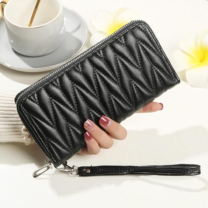 Women's Zip Wristlet Wallet - Large Capacity RFID Blocking Clutch Purse Quilted Soft Vegan Leather Travel Organizer