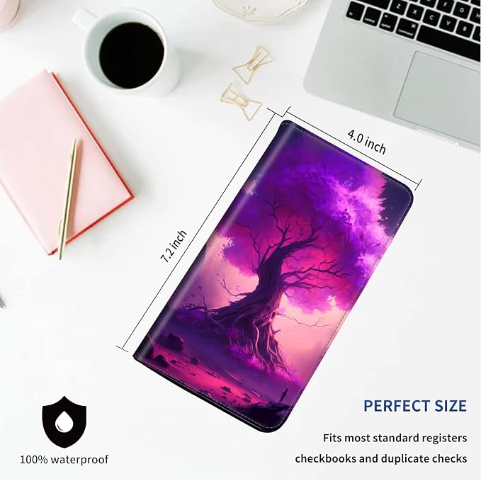 Checkbook Cover - Premium Leather Standard Duplicate Register Check Card Book Holder Wallet with RFID Blocking Function for Girl Men Women,Purple Tree in Forest