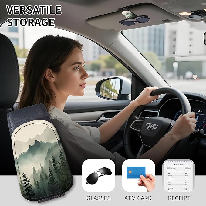 Sunglasses Holder for Car Visor, PU Leather Glasses Clip Organizer, Cute Magnetic Eyeglass Holder for Vehicle Sun Visor, Car Interior Accessory for Women & Men Misty Mountain Forest