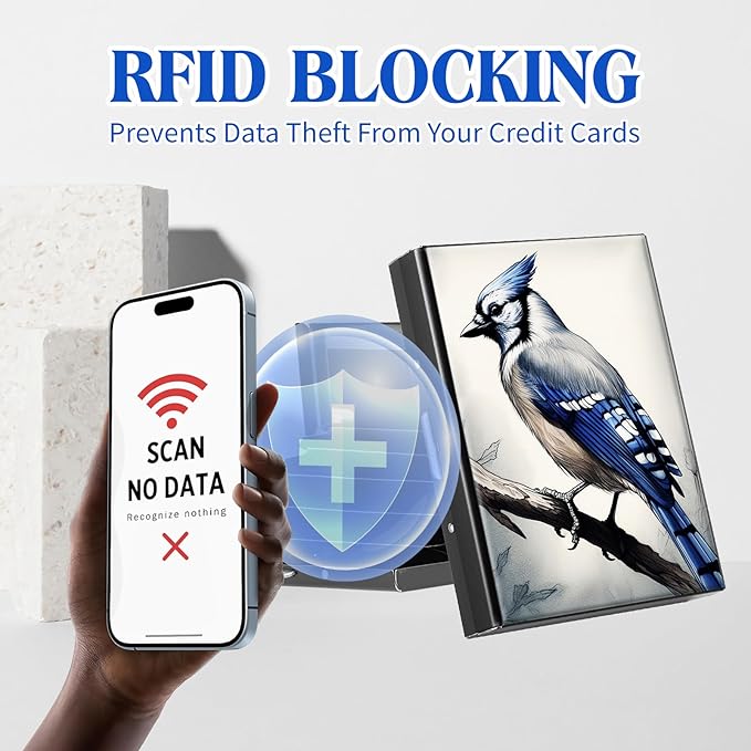 RFID Blocking Credit Card Holder - Slim Metal Wallet for Women & Men,Blue Jay Bird Design Stainless Steel Business Card Case,Compact Pocket Organizer for Travel & Daily Use