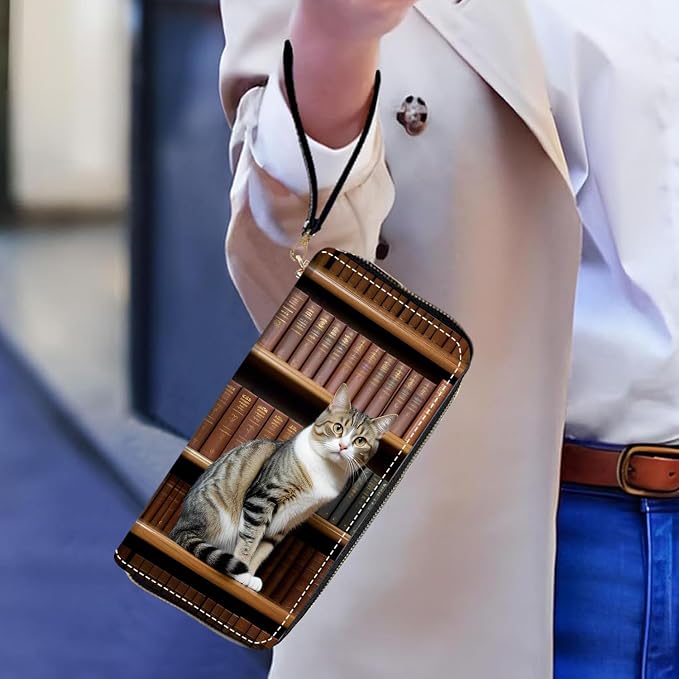 Women's Large Capacity Wallet PU Leather Zip Around Clutch Purse Multifunctional Wallet with Removable Wristlet Strap for Smart Phone/Coin/Card/Cash, Cat On Bookshelf