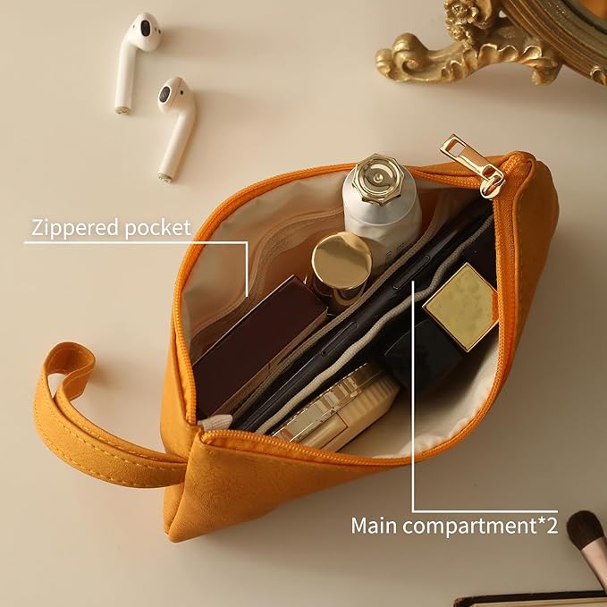 RIGHT AWAY Makeup Bag Travel Cosmetic Bag,Portable Make up Organizer With Handle,Small purse pouches Cell Phone Purse with Compartments for Women Girls（Orange）