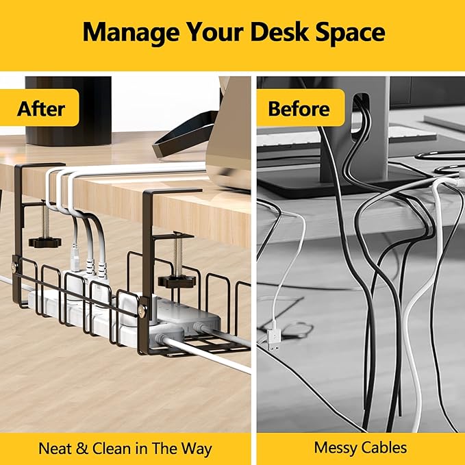 Under Desk Cable Management Tray,15.7” No Drill Cord Organizer with Clamps for Wire Management,4MM Under Desk Cable Management Tray for Home Office(Black)