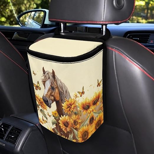 Talayituse Horse Sunflower Butterfly Print Car Trash Can with Lid, Leak Proof Auto Trash Bag Hanging Vehicle Garbage Can Multipurpose Storage Container for Back Seat Road Trip