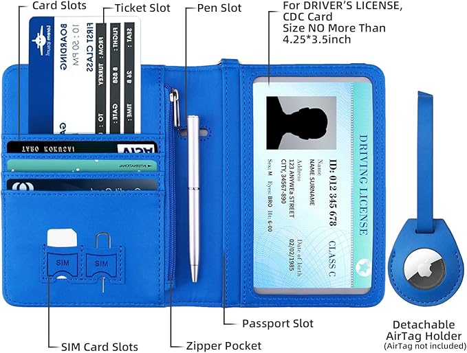 WALNEW AirTag Passport Holder, PU Leather Airtag Wallet RFID Blocking Passport Cover Travel Essentials Case for Women Men (Blue)