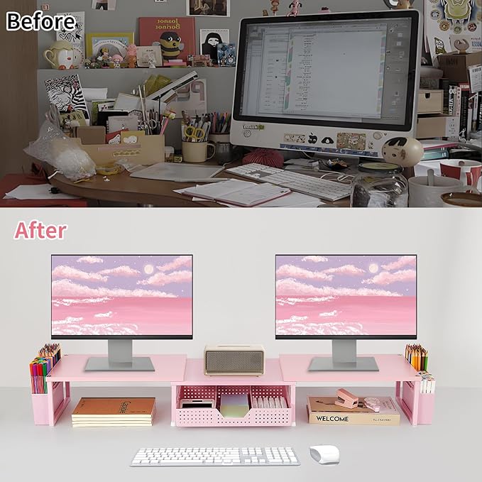 OPNICE Desk Organizers and Accessories, Dual Monitor Stand Riser with Drawer and 2 Pen Holders, Desk Shelf Wood Computer Racks for Office Workspace Organizers, Desktop Organization (Pink Wood)