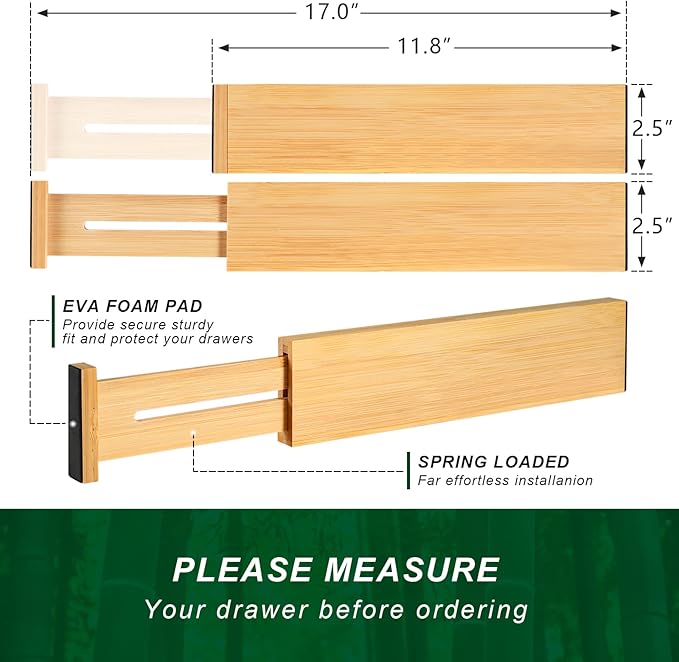 4 Pack Bamboo Drawer Dividers 2.6" High, Adjustable Length from 12 Inch to 17 Inch, Expandable Kitchen Drawer Organizer Separators for Clothes, Kitchen, Bedroom, Dresser, Office (Beige)