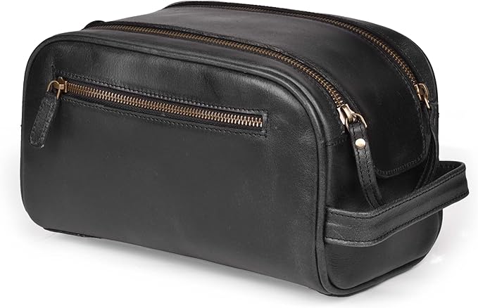 LEATHER VILLAGE Genuine Leather Toiletry Travel Bag With Waterproof Lining - Black | King-Size Handcrafted Vintage Dopp Kit Bag, Shaving & Bathroom Organizer, Gift for Men & Women