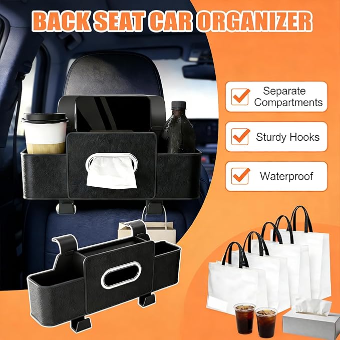 UKM 3-in-1 Back Seat Car Organizer, Car Backseat Storage Box with Cup Holder, Tissue Box&Hooks, Multifunctional Waterproof Storage for Hold Phones Drinks Handbags (Brown)