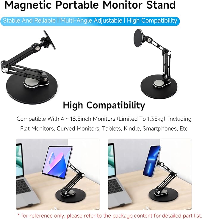 Portable Magnet Monitor Adjustable Stand Magnetic N52 Neodymium, Compatible with 4~18.5inch Monitors, Supports Multi-axis Rotation, Comes with Magnetic Metal Rings, Foldable for Easy Storage