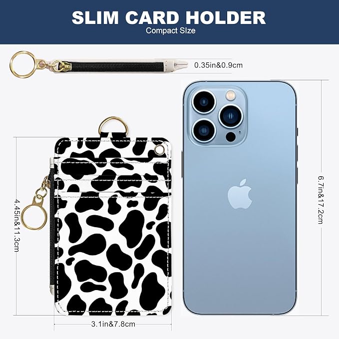 Slim Wallet Credit Card Holder, Black And White Milk Pattern, RFID Wallet Women Cute Small Front Pocket Wallet With Zipper, PU Leather Thin travel RFID Blocking Card Case ID Window ,Ladies Gifts