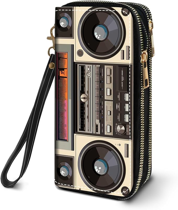 Women's Large Capacity Wallet PU Leather Double Zipper Clutch Purse Multifunctional Wallet with Removable Wristlet Strap for Smart Phone/Coin/Card/Cash - Retro Radio