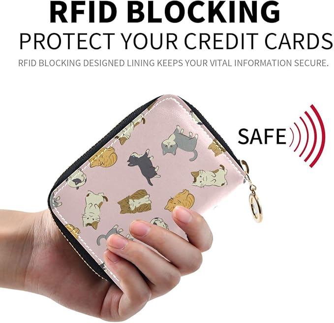 Cute Cat RFID Credit Card Holder Wallets Accordion for Women Leather Zipper Card Case Accordion Wallet for Ladies Girls