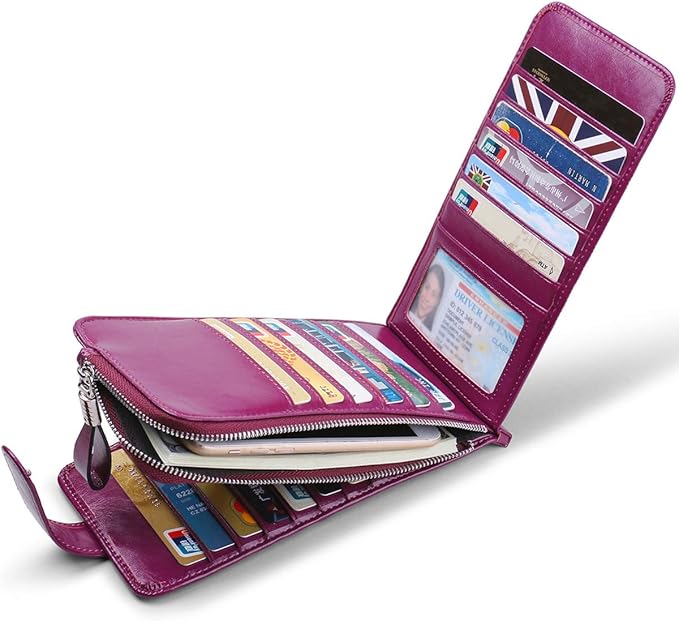 Women's Genuine Leather Credit Card Holder RFID Long Zipper Purse Wallet