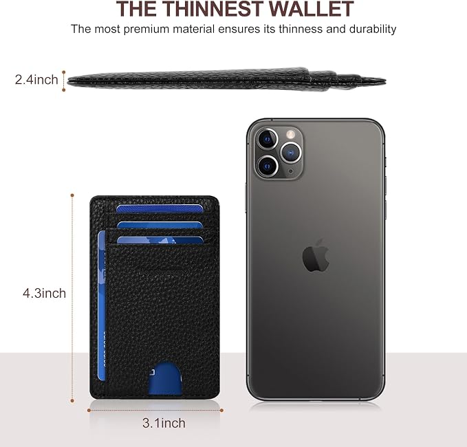 Slim Minimalist Front Pocket Thin Wallet RFID Blocking 100% Genuine Leather Credit Card Holder for men Women, with Gift Box-Lichee Black