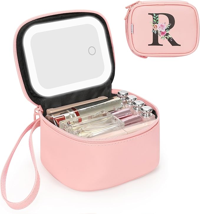 Relavel Initial Makeup Bag with Led Mirror for Women Girls, Mini Personalized Cosmetic Bag with Adjustable Brightness, Rechargeable Pink Make Up Bags Pouch for Birthday Gift - Pink R