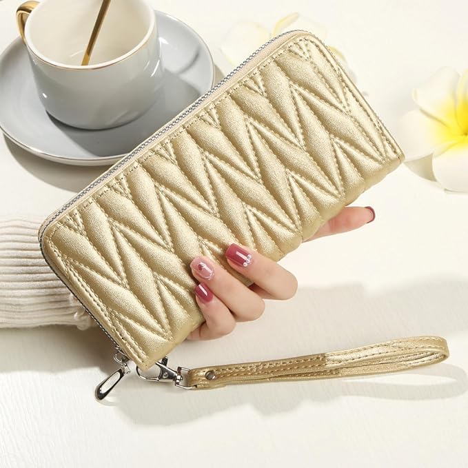 Women's Zip Wristlet Wallet - Large Capacity RFID Blocking Clutch Purse Quilted Soft Vegan Leather Travel Organizer