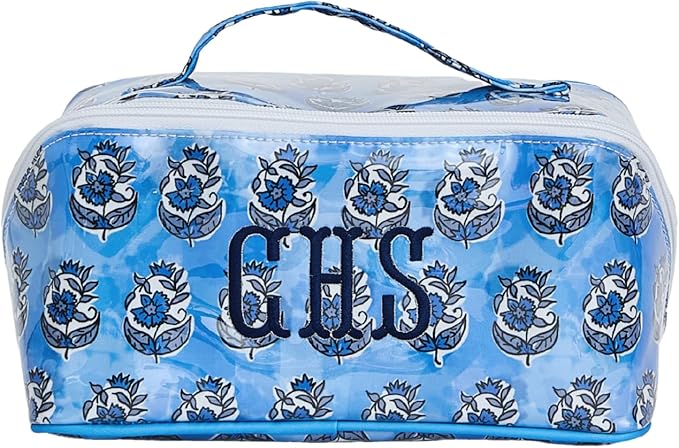 Personalized Flat Lay Makeup Bag - Clear-Coated Embroidered Cosmetic Organizer, Monogrammed Wide-Open Travel Pouch with Easy-Access Interior, Handmade Gift for Women (Willow)