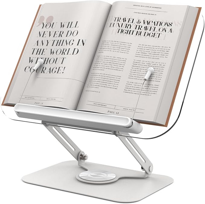 Acrylic Book Stand for Reading Hands Free - Adjustable 360° Rotating Cookbook Holder with Elastic Page Clips & Foldable Base, Multi-Angle Desktop Display Stand for Recipes, Textbooks, Tablets, Bibles