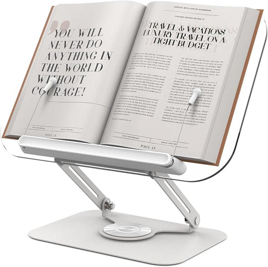 Acrylic Book Stand for Reading Hands Free - Adjustable 360° Rotating Cookbook Holder with Elastic Page Clips & Foldable Base, Multi-Angle Desktop Display Stand for Recipes, Textbooks, Tablets, Bibles