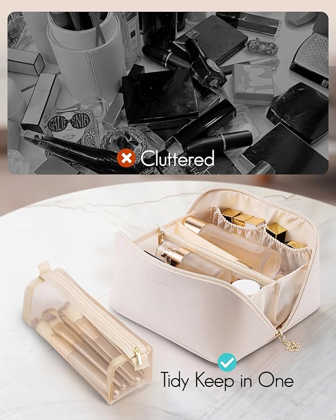 VLANDO Makeup Bag,Travel Toiletry Bag,Cosmetic Bag for Women PU Leather Portable Make up Bag for Skincare, Brushes & Travel Essentials-Off White