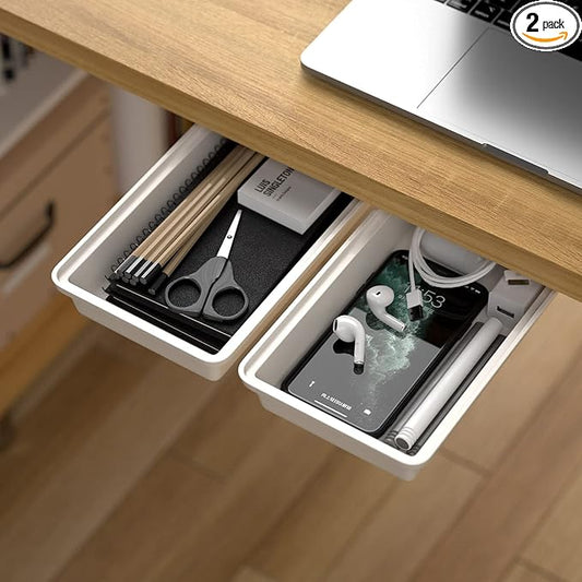 SVNNELP 2Pack Under Table Desk Drawer Storage Organizer Slide Out, Hidden Self-Adhesive Under Desktop Pencil Tray Drawer for Office,Classroom,Kitchen(S/white）