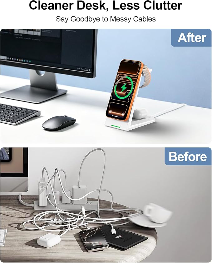 3 in 1 Magnetic Wireless Charging Station - 15W Fast Charging for iPhone 17/16/15/14/13/12, Compatible with MagSafe, for Apple Watch & AirPods, Auto-Dimming Light for Nightstand, Includes 30W Adapter
