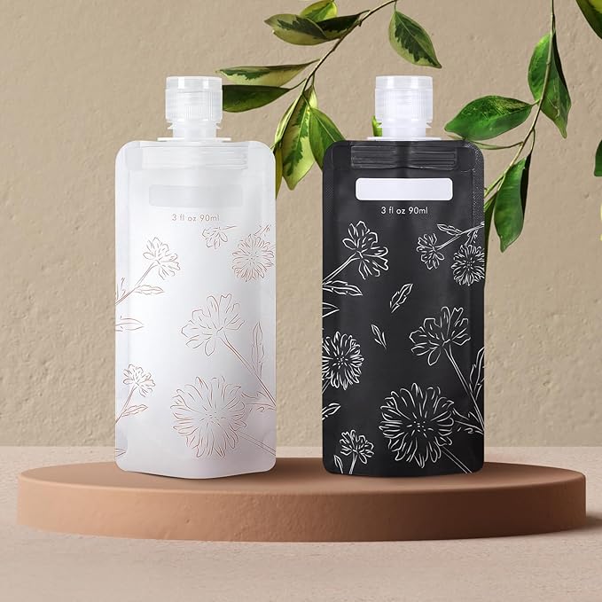 PACKISM 12 Pack Travel Pouches for Toiletries - 3 oz Leak Proof TSA Approved Liquid Containers, Squeeze Bags for Shampoo Lotion, Space Saving Refillable Carriers, Black Beige Chamomile