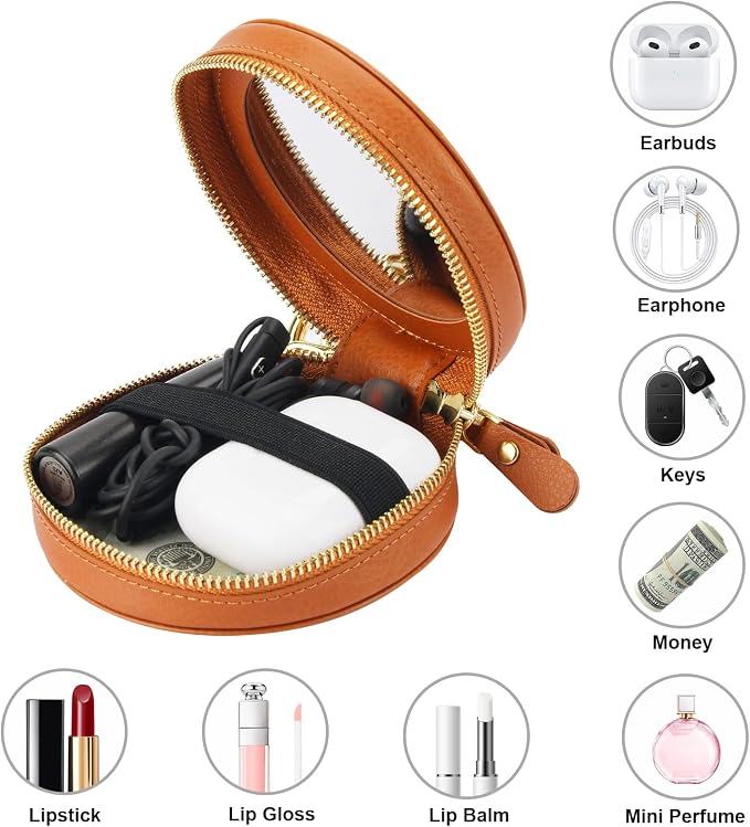 Bocasal Coin Pouch Mini Lipstick Cosmetic Bag with Airtag Holder Mirror, Leather Zipper Travel Makeup Bag Organizer Keychain Ring Clasp for Keys Earbuds Earphone Lip Gloss Chapstick Women Girl (Brown)
