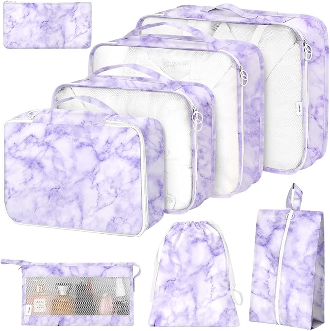 8 Set Packing Cubes for Suitcases,Packing Cubes with Shoe,Cosmetics,Clothing,Accessories Bags for Travel Luggage Organizer Women Men(Purple Marble)