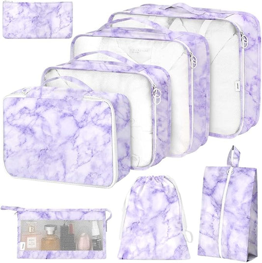 8 Set Packing Cubes for Suitcases,Packing Cubes with Shoe,Cosmetics,Clothing,Accessories Bags for Travel Luggage Organizer Women Men(Purple Marble)