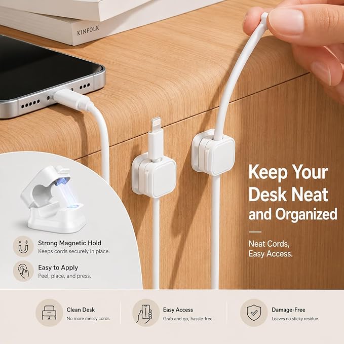 10 Pack Cable Organizer Clips, Adhesive Cord Holder for Desk, Office, Car & Nightstand, Spring Lock Cable Management with Strong Acrylic Adhesive, White