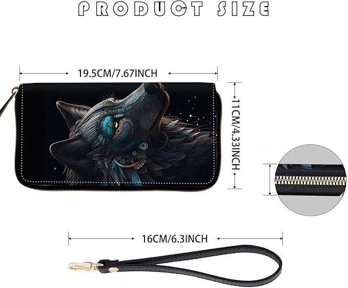 Women's RFID Blocking Zip Around Wallet with Detachable Wrist Strap, Large Capacity Credit Card Holder Organizer for Everyday Use,Cool Wolf