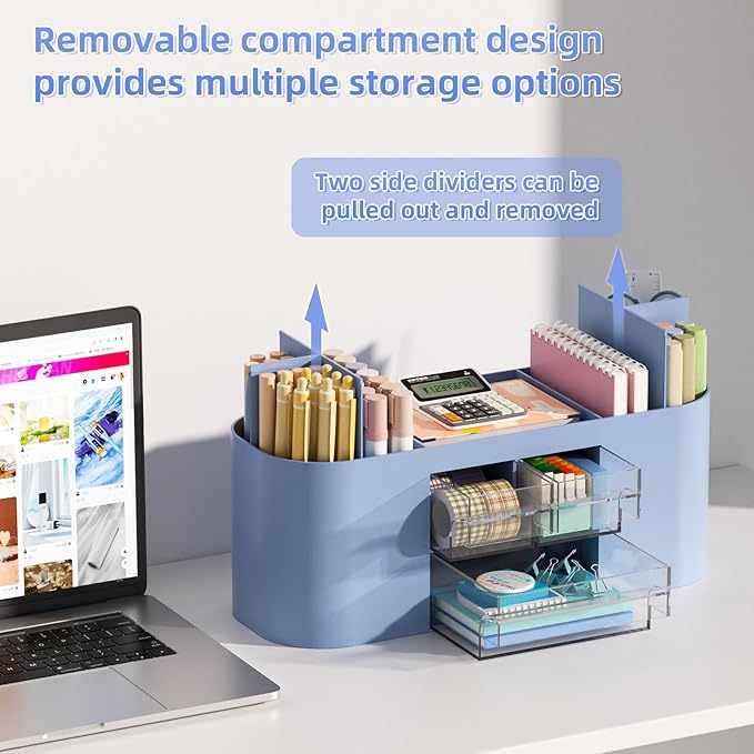 Marbrasse Desk Organizer Pen Holder for Desk with 3 Drawers, Multi-Functional Pencil Holder, Desk Organizers and Accessories with 7 Compartments for Home, School, Classroom(Blue)