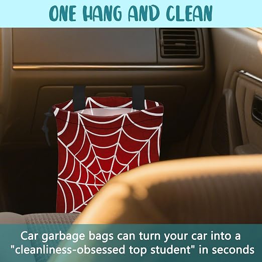 Car Garbage Bag Red and White Spider Web Drawstring Car Trash Bag Hanging for Back Seat with Adjustable Buckle Canvas Vehicle Trash Can Easy-to-Install