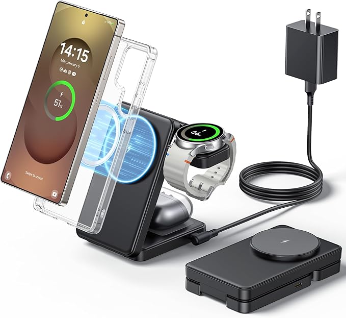 3 in 1 Magnetic Foldable Wireless Charger for Samsung, Fast Mag-Safe Charging Station for Galaxy S26 S25 S24 Ultra Plus/Z Fold/Z Flip 7/6/5, Charger Stand for Galaxy Watch Ultra /8/7/6/5/Pro, for Buds