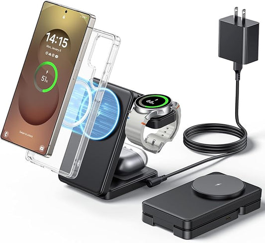 3 in 1 Magnetic Foldable Wireless Charger for Samsung, Fast Mag-Safe Charging Station for Galaxy S26 S25 S24 Ultra Plus/Z Fold/Z Flip 7/6/5, Charger Stand for Galaxy Watch Ultra /8/7/6/5/Pro, for Buds